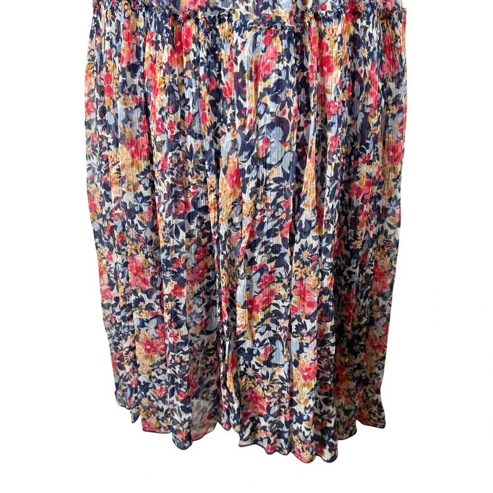 Sundance Floral Cupro Midi Dress Blue Red‎ Smocked Waist Short Sleeve Womens L